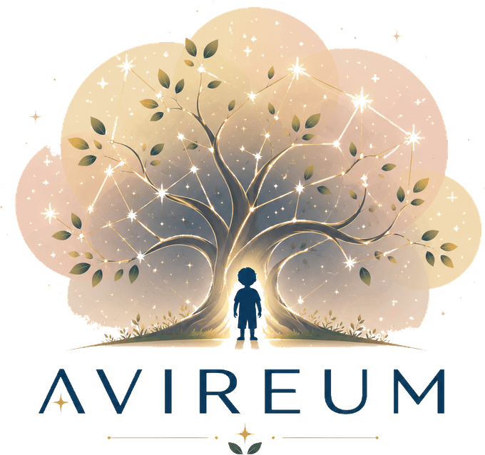 Avireum — a watercolor illustration of a family tree with stylized figures as leaves and a child standing at the base